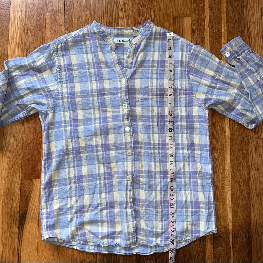 L.L.Bean Women’s M Light Blue Lavender Yellow Plaid Linen Shirt Mandarin Collar - Picture 3 of 11